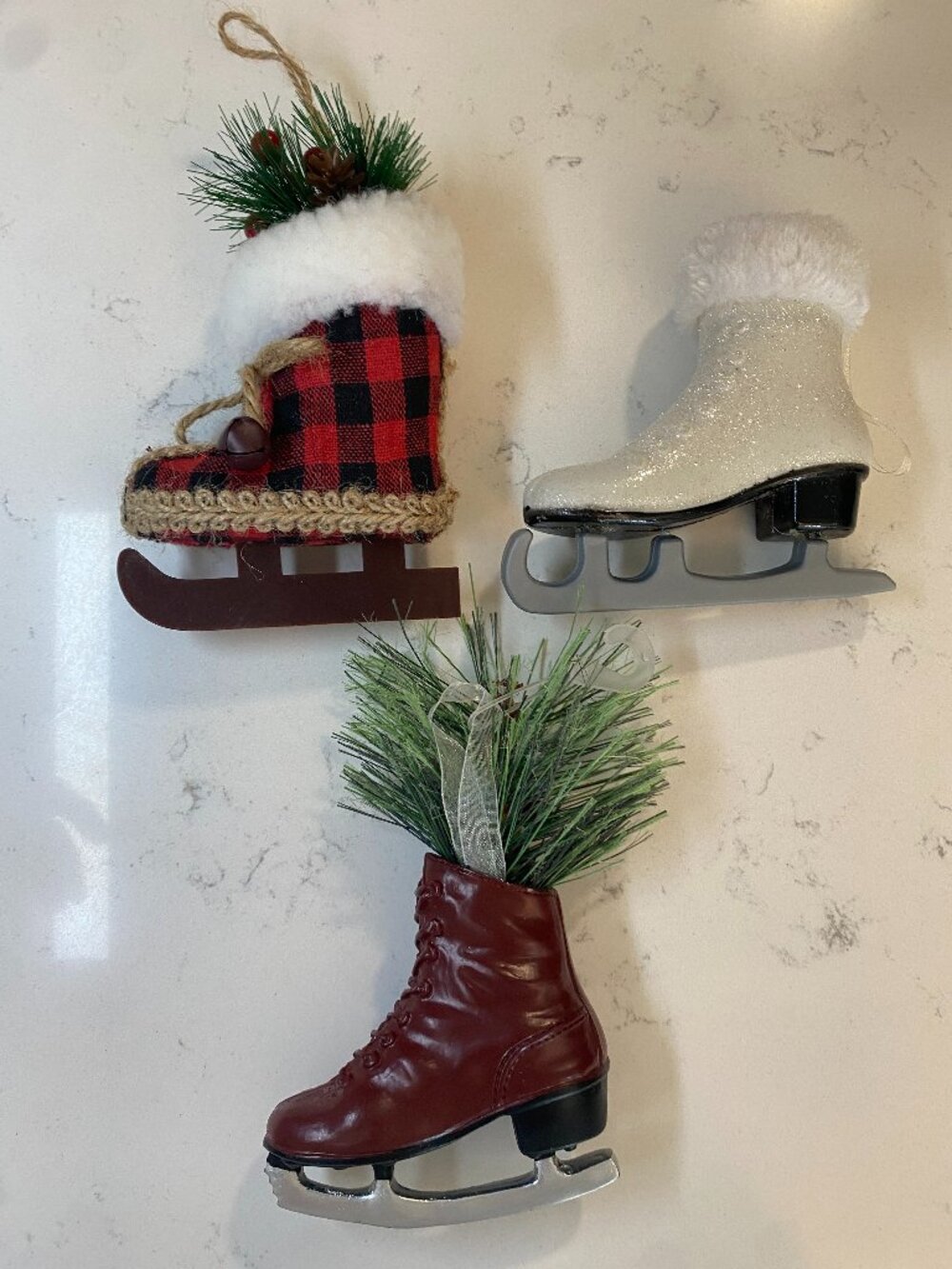 Lot of 3 Ice Skate Christmas Ornaments Buffalo Plaid Rustic Winter Decor